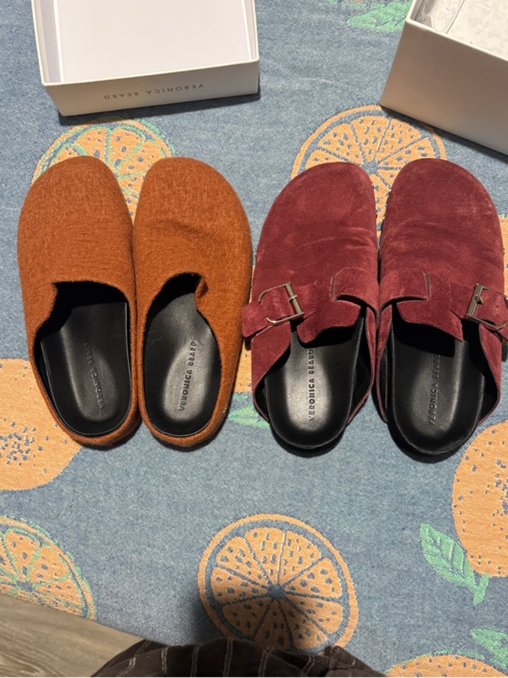 Veronica Beard Burgundy Suede Buckle Mules & Rust Felt Slip-Ons